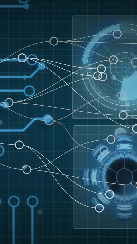 Animation of connected circles over radar, globe, graph and circuit board Stock Footage 341927354