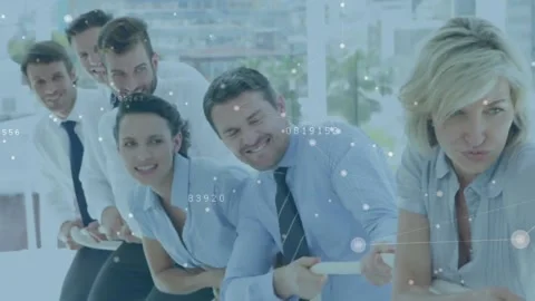 Animation of connected dots and changing numbers over diverse coworkers pulling Stock Footage 229813219