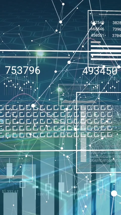 Animation of connected dots and charts over time-lapse of vehicles moving on Stock Footage 342600986