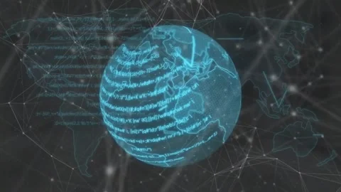 Animation of connected dots and computer language on globe over black background 스톡 동영상 325702673