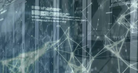 Animation of connected dots and computer language over server room in background Stock Footage 328150451
