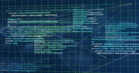 Animation of connected dots and computer language with grid pattern over Stock Footage 329569105