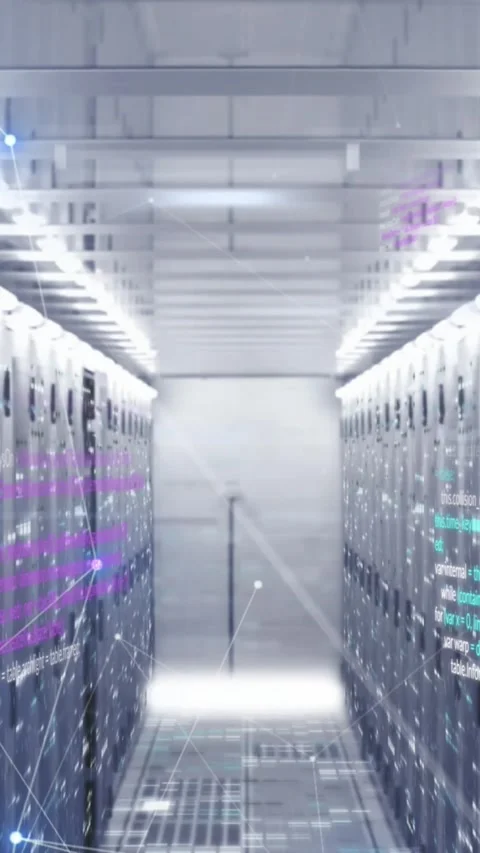 Animation of connected dots and computer language over data server racks in Stock Footage 344636381