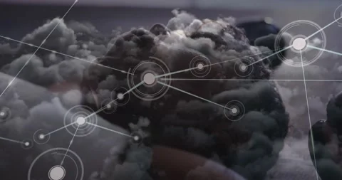 Animation of connected dots and dark clouds over tired african american woman Stock Footage 221291255