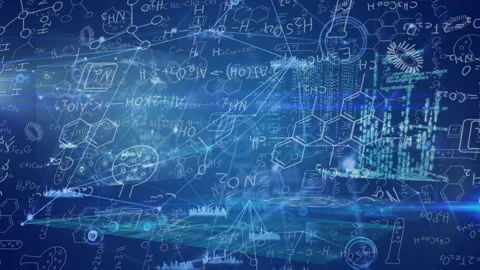 Animation of connected dots and graph icons over physics solutions and formulas Stock Footage 315839925