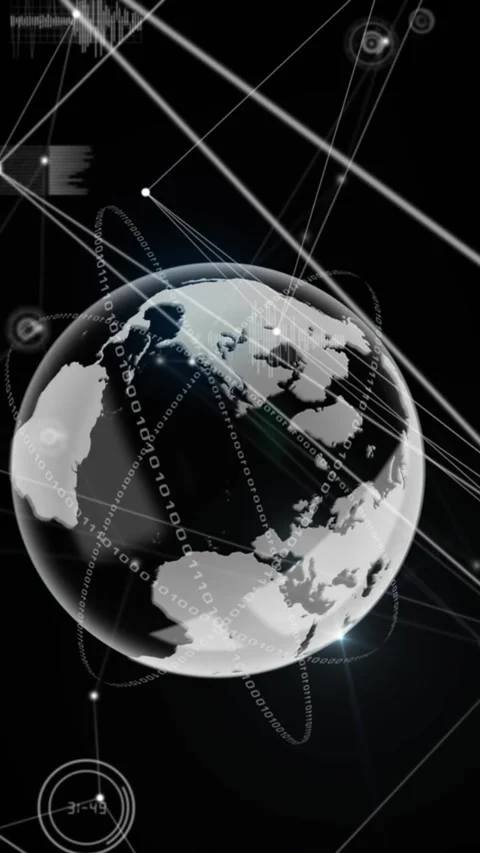 Animation of connected dots and graph icons with rotating globe over black Stock Footage 344679216