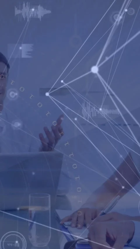 Animation of connected dots and graphs, binary codes, building, diverse Video stock 344243940