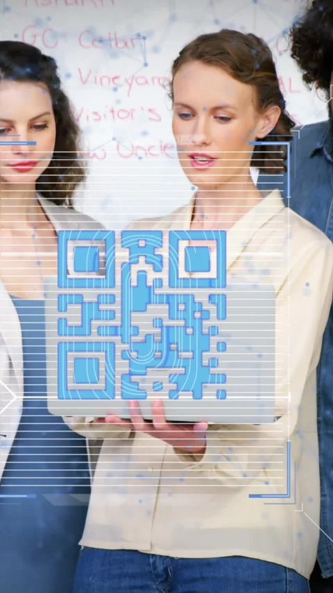 Animation of connected dots and qr code over woman briefing project to coworkers Stock Footage 343738724