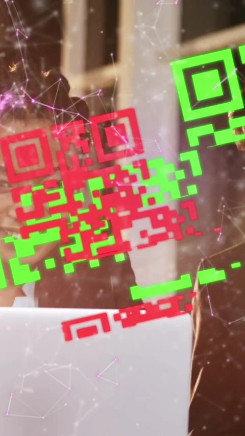 Animation of connected dots and qr code over multiracial coworkers discussing 스톡 동영상 343779119