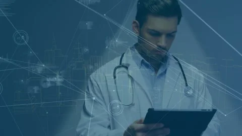 Animation of connected dots, database and graphs icon over doctor using digital 스톡 동영상 328154470