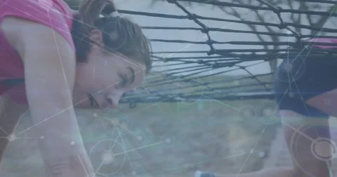 Animation of connected dots, dense clouds over caucasian woman doing fitness Stock Footage 329128098