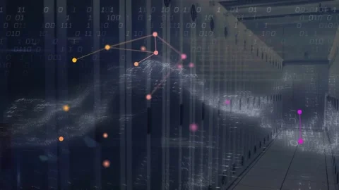 Animation of connected dots, dynamic wave and binary codes over server room Stock Footage 250315092