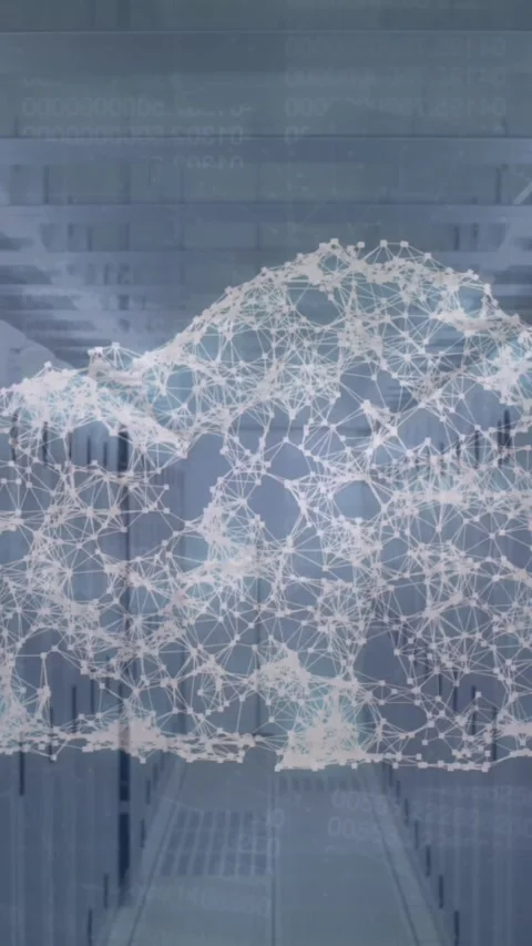 Animation of connected dots forming cloud against server room in background Stock Footage 344244090