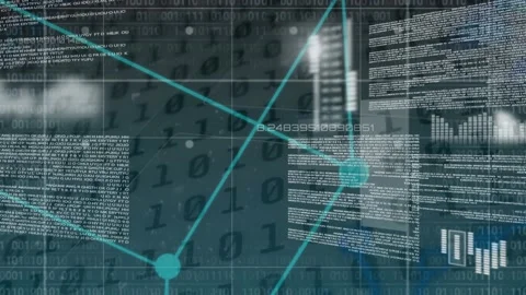 Animation of connected dots forming cube over computer language and binary codes Stock Footage 330407628