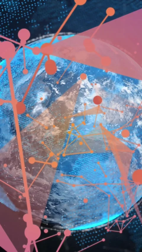 Animation of connected dots forming geometric shapes over rotating globe against Stock Footage 344706527