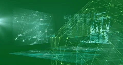 Animation of connected dots forming globe rotating by screens with computer Stock Footage 326032758