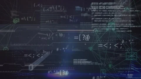 Animation of connected dots forming globes, binary code, symbols and programming Stock Footage 326188694