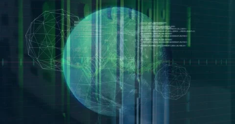 Animation of connected dots forming globes, computer language, graphs over data Stock Footage 328712220