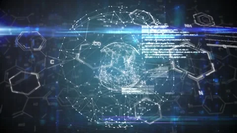 Animation of connected dots forming globes over computer language and molecules Stock Footage 330172493