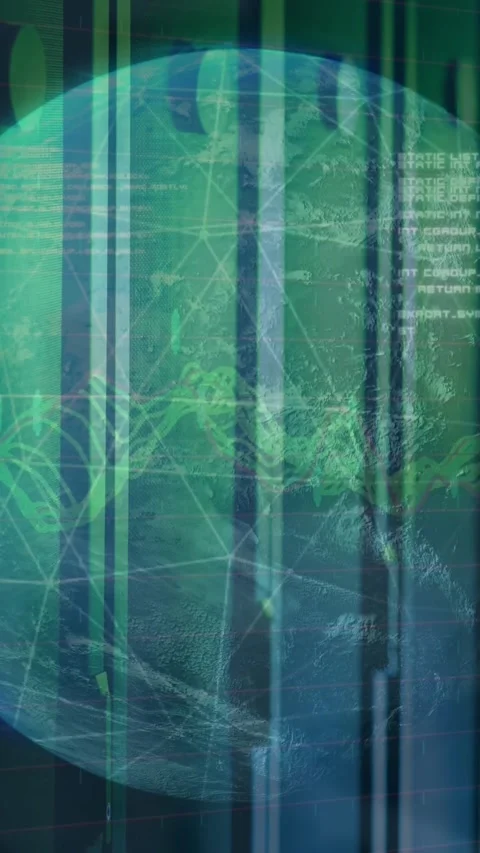 Animation of connected dots forming globes, computer language, graphs over data Video stock 344635864