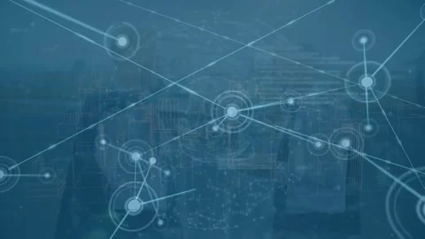 Animation of connected dots, globes and computer language against aerial view of Video stock 245333753