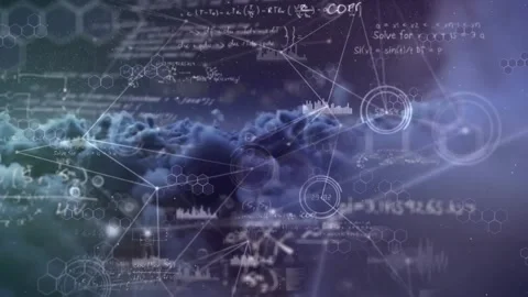 Animation of connected dots, graph icons, computer language over aerial view of Video stock 327592780