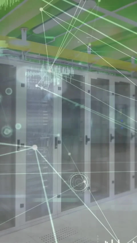 Animation of connected dots with graph icons over data server racks in server Stock Footage 344745985