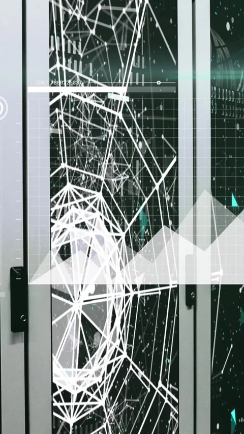 Animation of connected dots, graphs and globes moving on data server racks Stock Footage 344557602