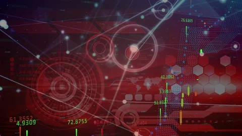 Animation of connected dots, graphs over circles and hexagon pattern against Stock Footage 236961073