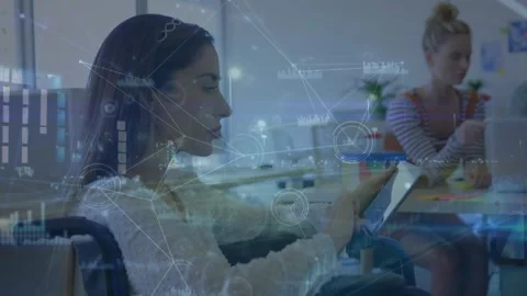 Animation of connected dots, graphs, time-lapse of vehicles over woman using Stock Footage 330664356