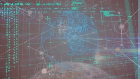 Animation of connected dots, grid pattern, globes, programming language against Video stock 221008204