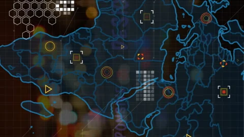 Animation of connected dots, hexagon patterns, map over defocused vehicles Stock Footage 312354804