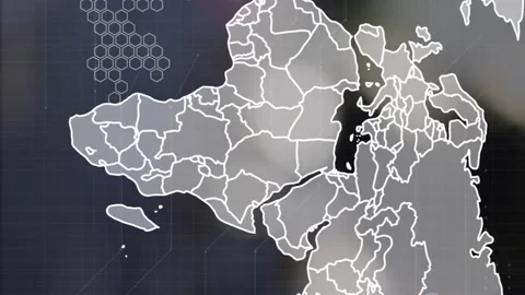 Animation of connected dots, hexagon patterns, map over defocused city in Stock Footage 312570494