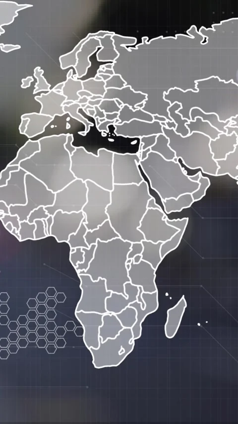 Animation of connected dots, hexagon patterns, map over defocused city in Stock Footage 321580909