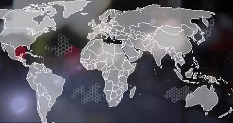 Animation of connected dots, hexagon patterns, map over defocused city in Stock Footage 329223184