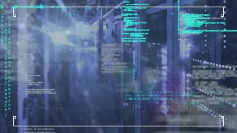 Animation of connected dots with lines and programming language over server room Video stock 328411002