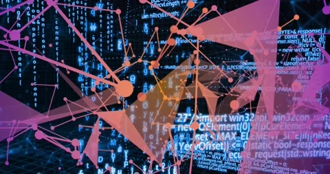 Animation of connected dots moving over binary codes and computer language Stock Footage 249324691