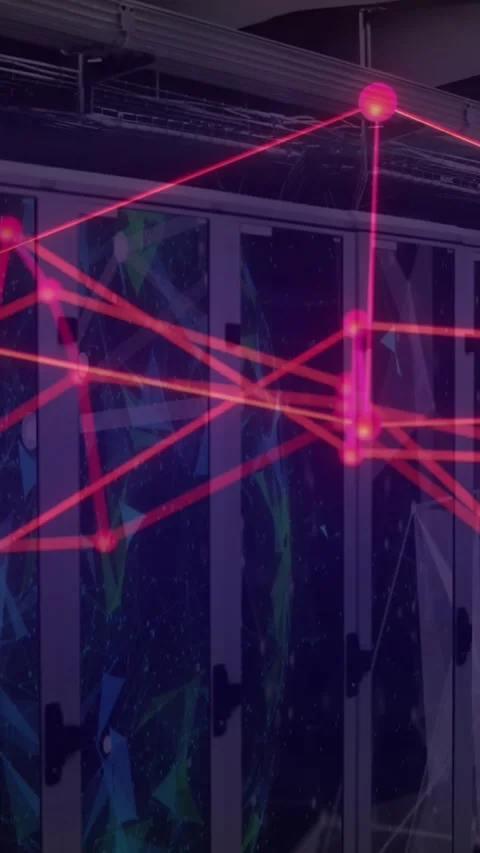 Animation of connected dots over globes on data server racks in server room Stock Footage 344370199