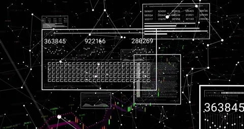 Animation of connected dots over graphs, loading bars and squares against black Stock Footage 329292750