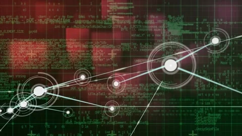 Animation of connected dots over grid pattern against looping computer language Stock Footage 244785445