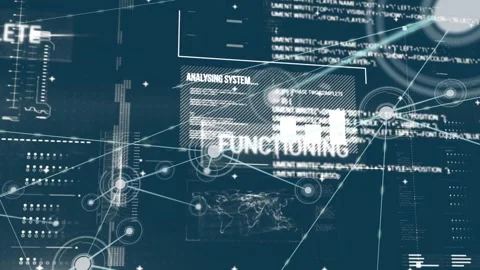 Animation of connected dots over multiple texts, maps, report, computer language Stock Footage 330172277