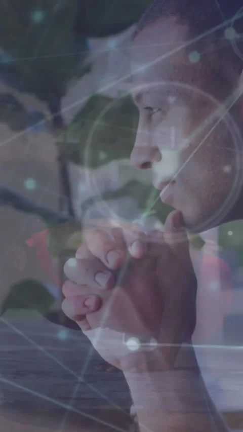 Animation of connected dots over multiracial man doing pushup and thoughtful man Stock Footage 343682372