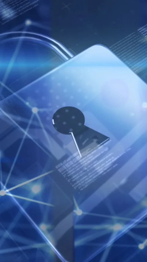 Animation of connected dots, padlock and computer language over abstract Stock Footage 320921566
