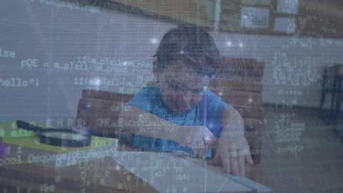 Animation of connected dots, programming language over asian boy drawing with Stock Footage 327199738
