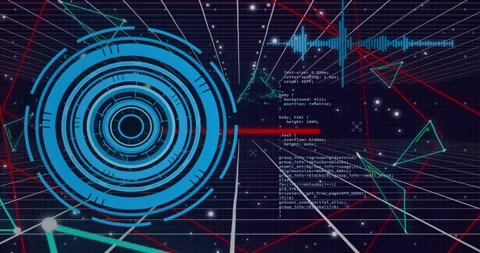 Animation of connected dots triangles, loading circles and computer language Stock Footage 330291910