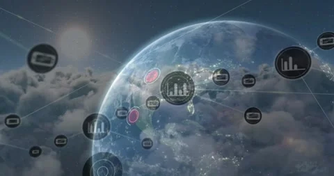 Animation of connected graph and phone icons, globe with red dots moving over Stock Footage 326427152
