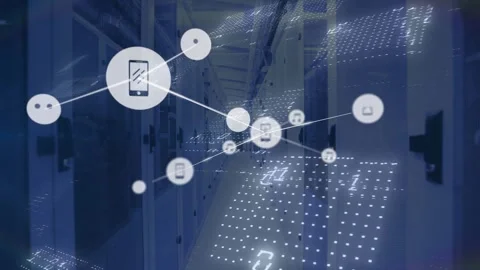 Animation of connected icons and binary codes on dots against server room in Stock Footage 330591080