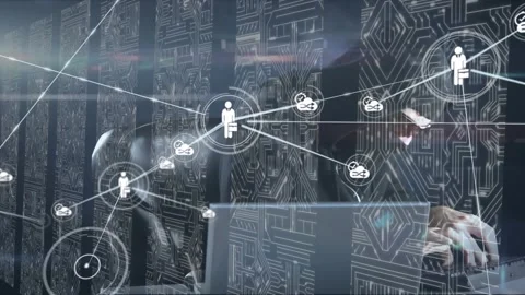 Animation of connected icons and circuit board patterns over caucasian hacker Stock Footage 330474228