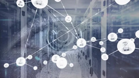 Animation of connected icons and circular tunnel in human eye, bars over and Stock Footage 329709738