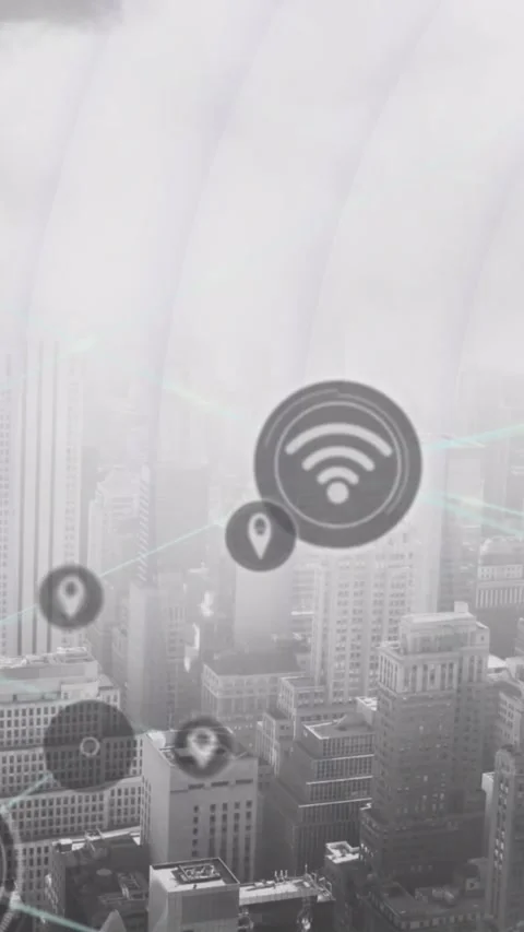 Animation of connected icons and circular pattern over modern cityscape in Stock Footage 344774955